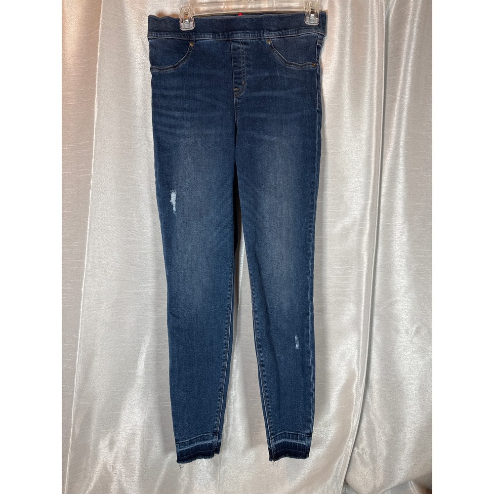 SPANX Distressed Frayed Hem Skinny Jeans‎ Womens L Blue Denim Stretch Pull On